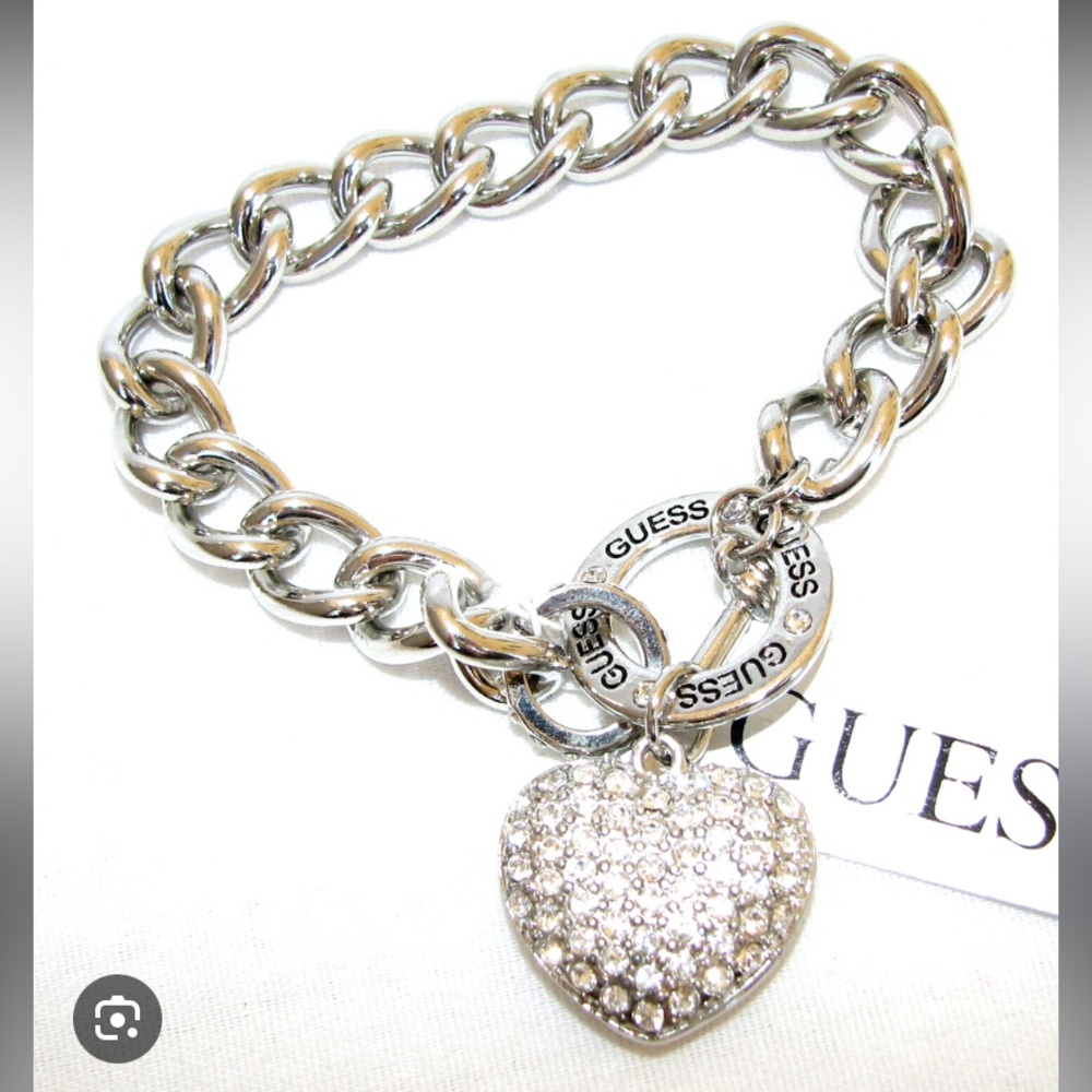 GUESS Silver Chain Bracelet with Heart Charm